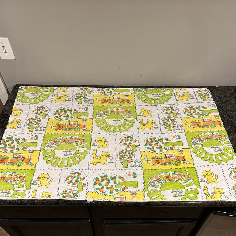 Vintage Baby Flannel Receiving Blanket Cats Trains Cotton Babycare